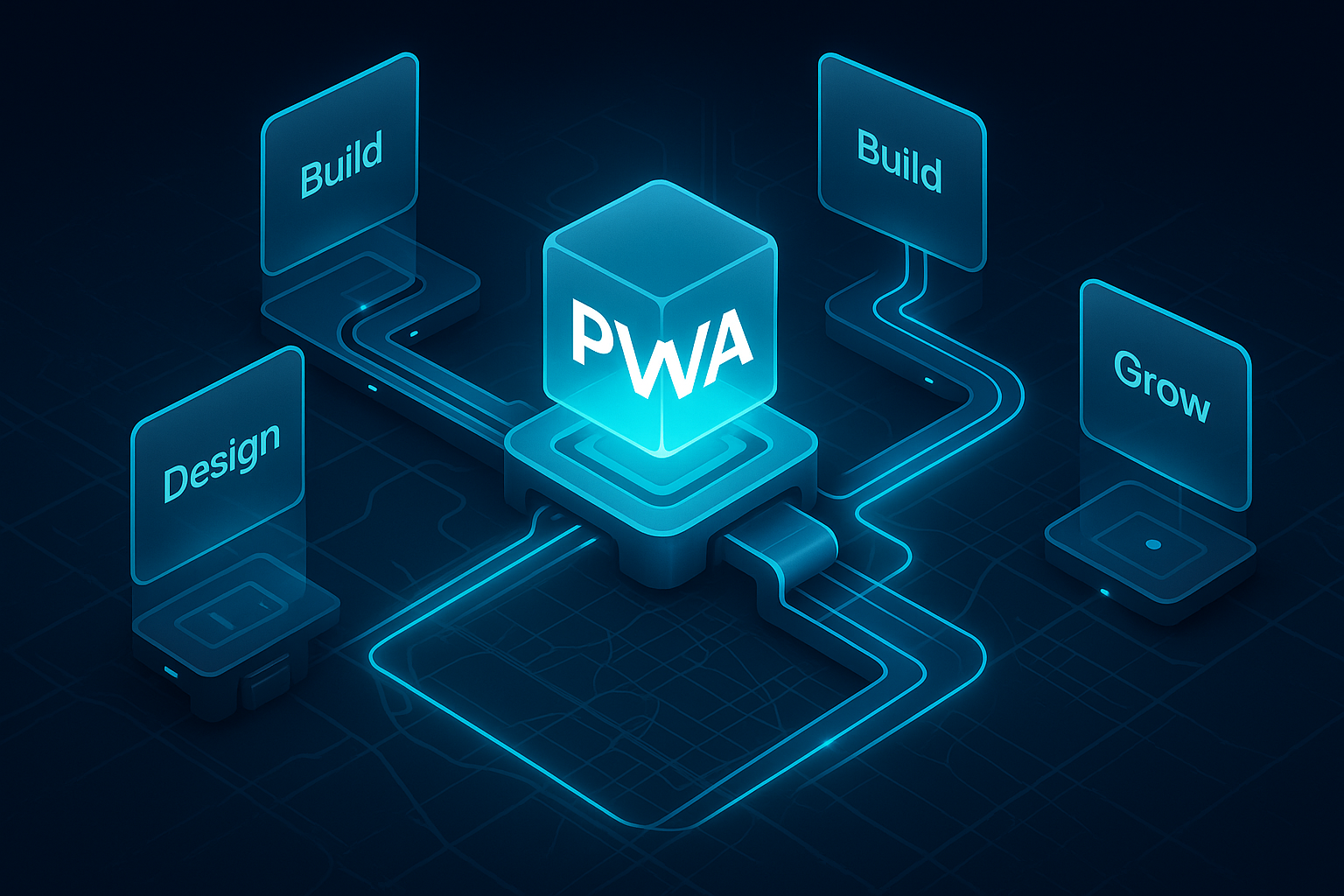 A detailed, futuristic 3D isometric production line where modules click into a glowing PWA core, glass cards labeled Design, Build, Package, Grow, with cyan energy flows and a Dubai map grid beneath