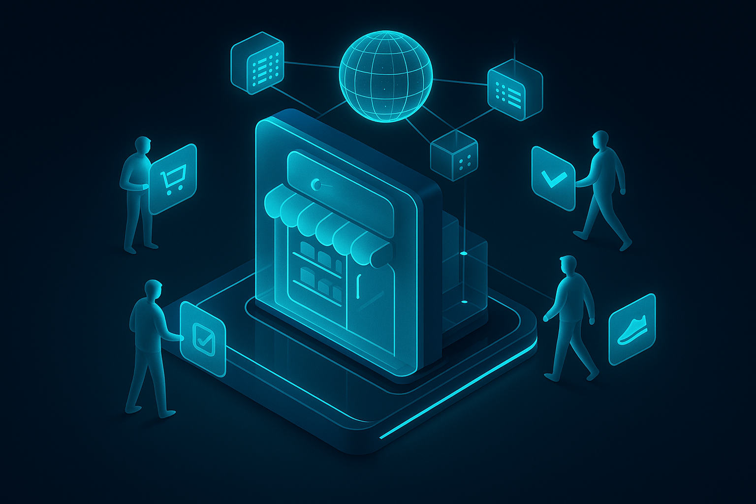A detailed, futuristic 3D isometric description of a holographic storefront with shoppers interacting via glowing PWA cards, real time inventory nodes syncing to a central data orb, cyan #00D4FF highlights on a dark glass platform