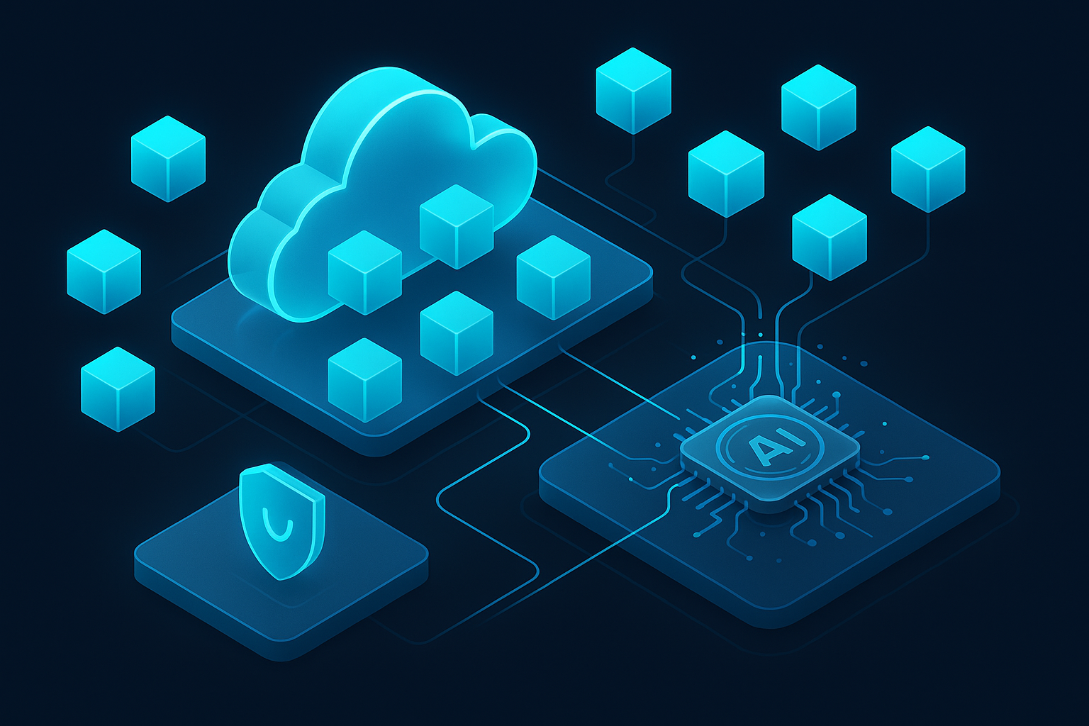 A detailed, futuristic 3D isometric description of a cloud architecture map in glassmorphism, with microservices as floating cyan #00D4FF cubes, data pipelines streaming to an AI recommendation engine, and a shield icon signifying UAE data residency.