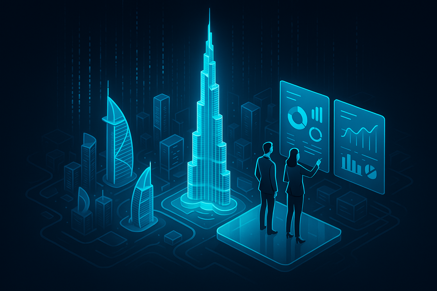 A detailed, futuristic 3D isometric visualization of the Dubai skyline with cyan holographic data streams, executives reviewing KPIs on floating glass panels, ambient dark mode lighting, premium depth of field