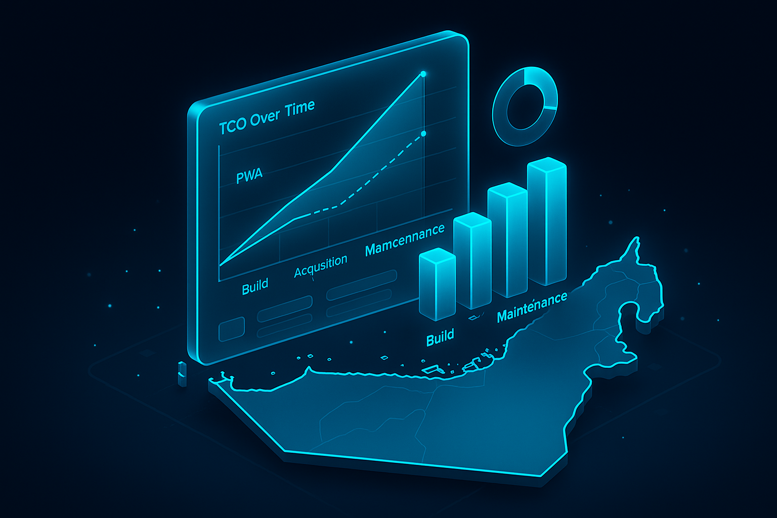 A detailed, futuristic 3D isometric description of a holographic financial dashboard hovering over a map of the UAE, with twin lines labeled PWA and Native showing diverging TCO over five years, stacked bars for build, acquisition, and maintenance, all styled in glassmorphism with Cyan #00D4FF glows
