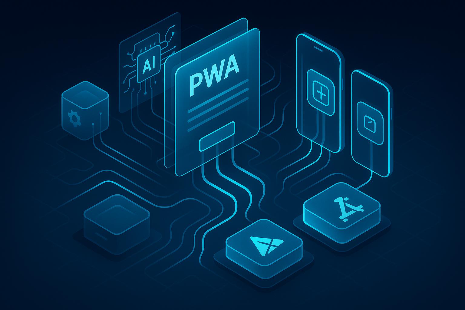 A detailed, futuristic 3D isometric description of a Progressive Web App control center with layered glass UI cards, cyan #00D4FF glow, AI pipelines feeding into mobile devices, and install icons for Google Play and App Store