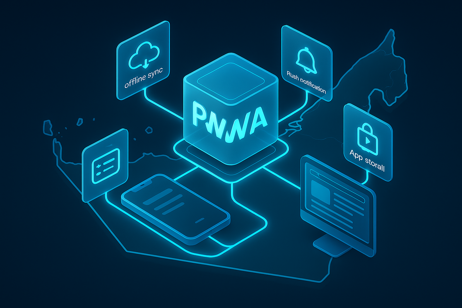 A detailed, futuristic 3D isometric blueprint of a single PWA powering web and mobile, with glassmorphism tiles for offline sync, push notifications, and app store install, cyan #00D4FF energy lines unify devices across a stylized UAE map