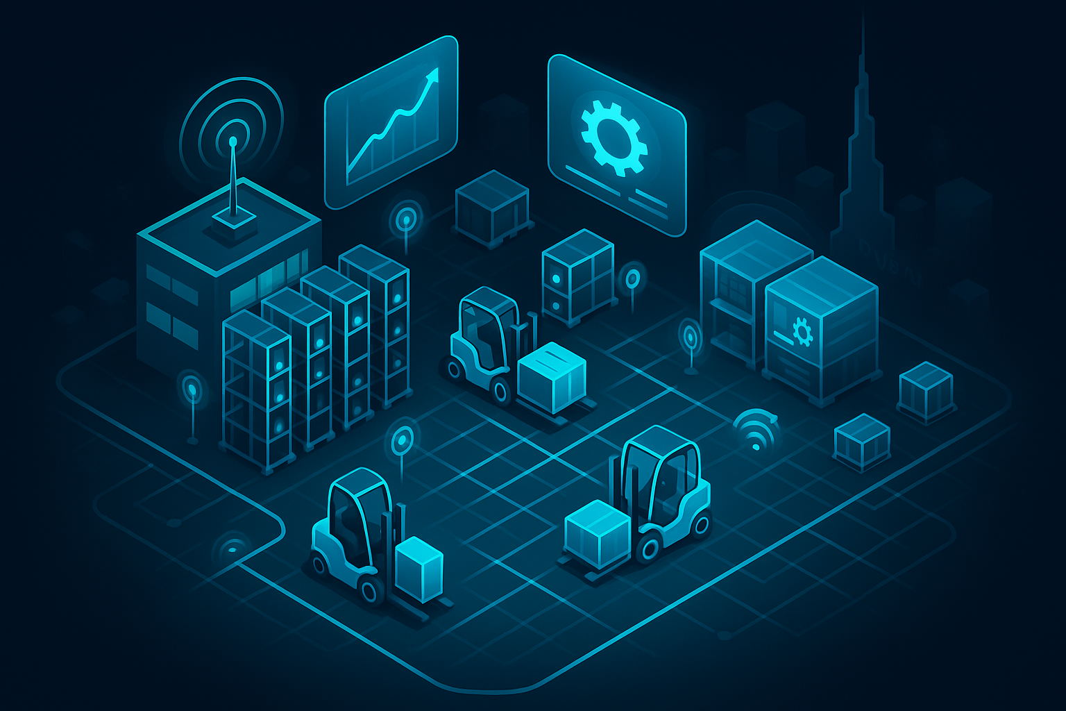A detailed, futuristic 3D isometric description of a smart warehouse in Dubai with autonomous forklifts, IoT sensors emitting cyan signals, glassmorphism dashboards predicting demand and maintenance, containers moving through a hyper efficient logistics grid