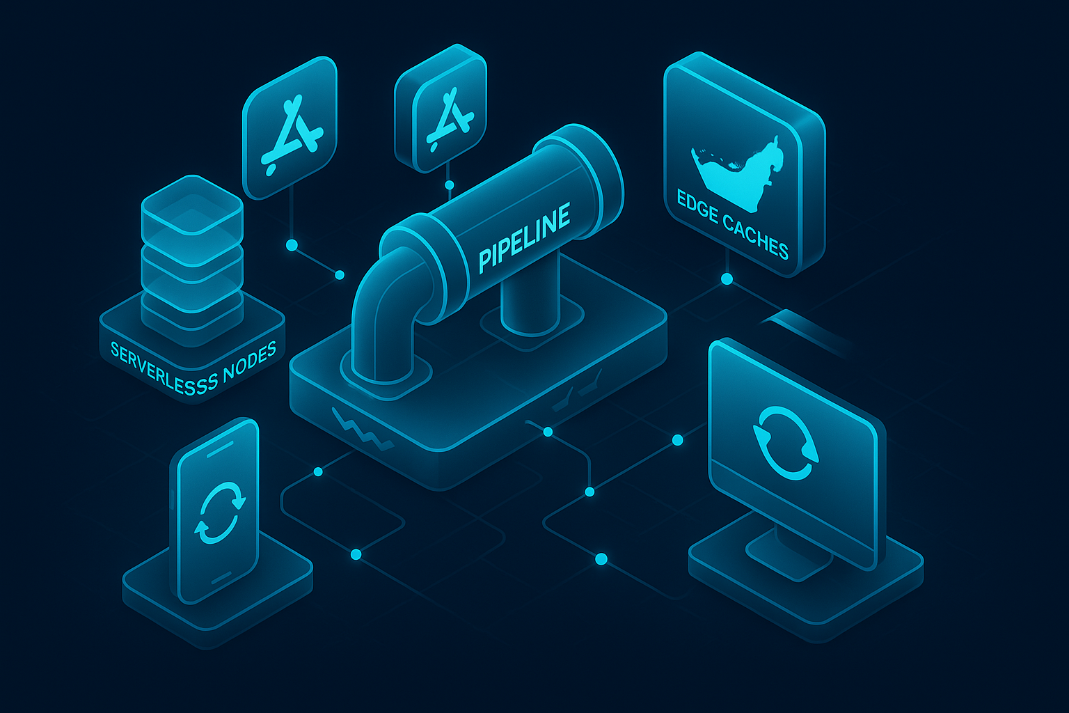 A detailed, futuristic 3D isometric diagram of a Progressive Web App pipeline, serverless nodes, edge caches in UAE, app store icons, phones and desktops syncing in cyan #00D4FF light.