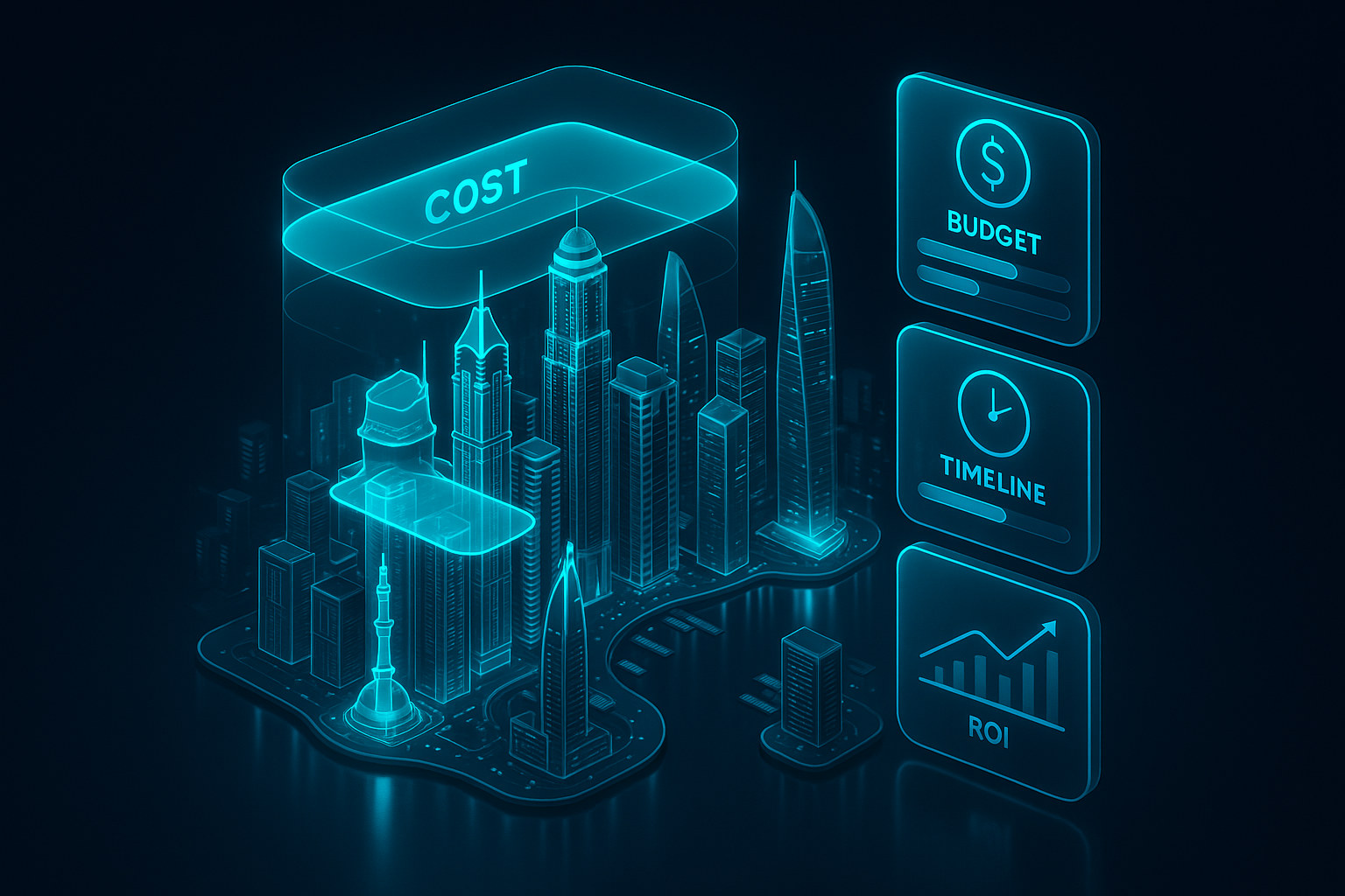 A detailed, futuristic 3D isometric description of the Dubai Marina skyline at night with cyan holographic cost layers floating above buildings, glassmorphism UI panels showing budget, timeline, and ROI charts, all in dark mode with neon reflections