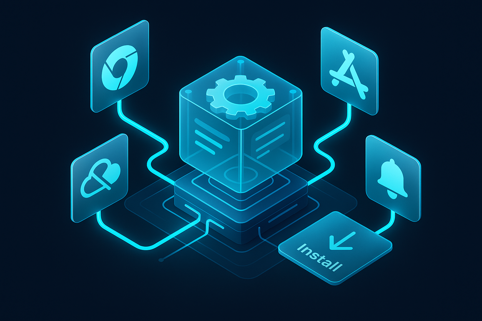 A detailed, futuristic 3D isometric description of a PWA engine at the center, linking web browsers and app store icons with glowing cyan #00D4FF conduits, cards showing offline mode, push messages, and install prompts, all in premium glassmorphism