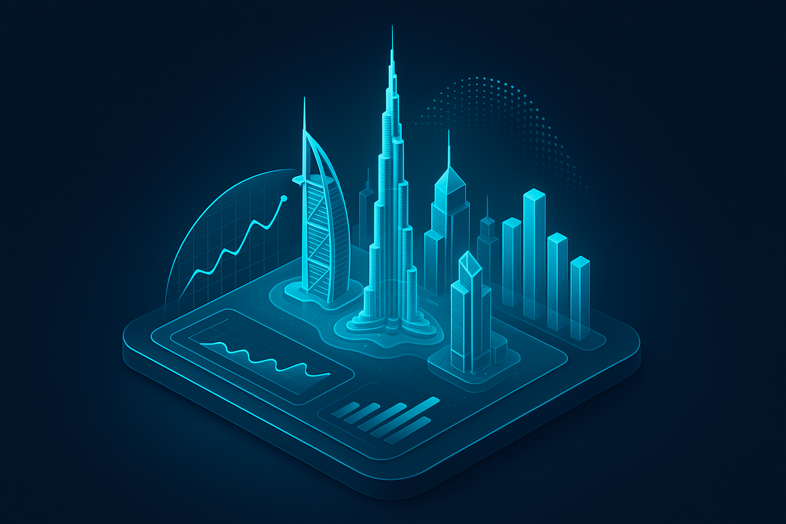 A detailed, futuristic 3D isometric description of a holographic Dubai skyline with data graphs rising from a glassmorphism dashboard in cyan #00D4FF, dark mode, representing ROI analytics and SME growth.