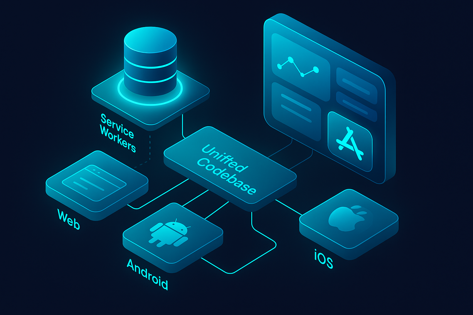 A futuristic 3D isometric PWA architecture diagram with glowing cyan service workers, a unified codebase feeding Web, Android, and iOS devices, and app store icons within a glassmorphism dashboard