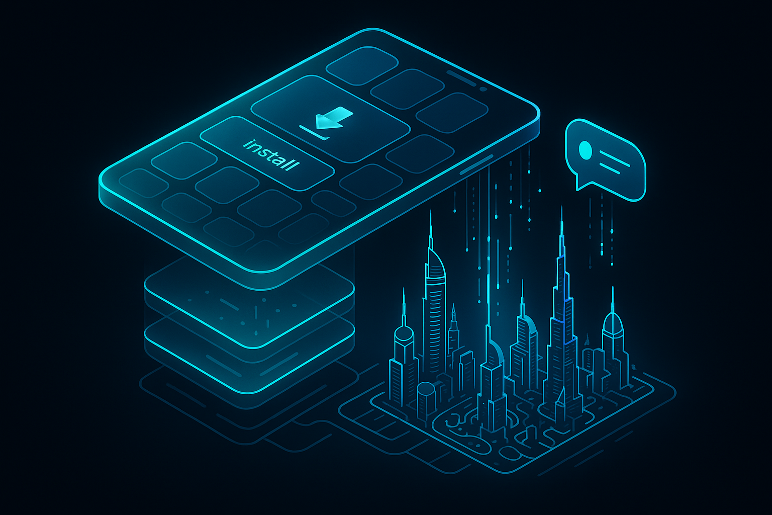A detailed, futuristic 3D isometric description of a glassmorphism smartphone grid hovering above a neon Dubai skyline with cyan #00D4FF accents, showing an install prompt, offline cache layers, and push notification pipelines visualized as glowing data streams