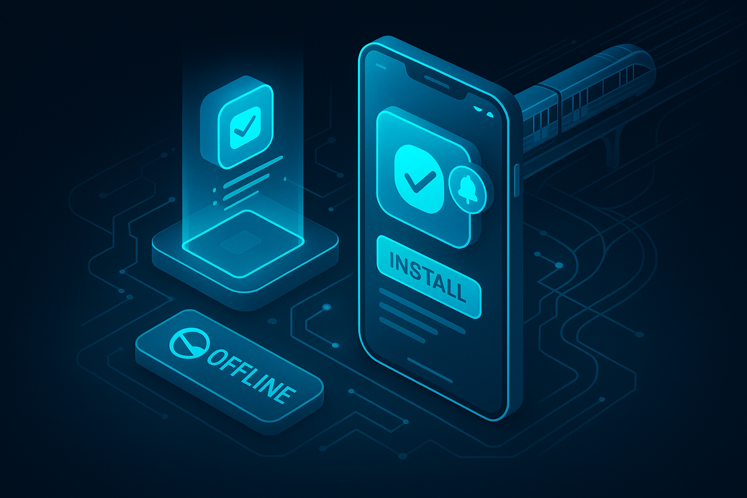 A detailed, futuristic 3D isometric description of a Progressive Web App being installed from a holographic app store, with cyan glow, offline badge, push notifications, and a Dubai metro line in the background