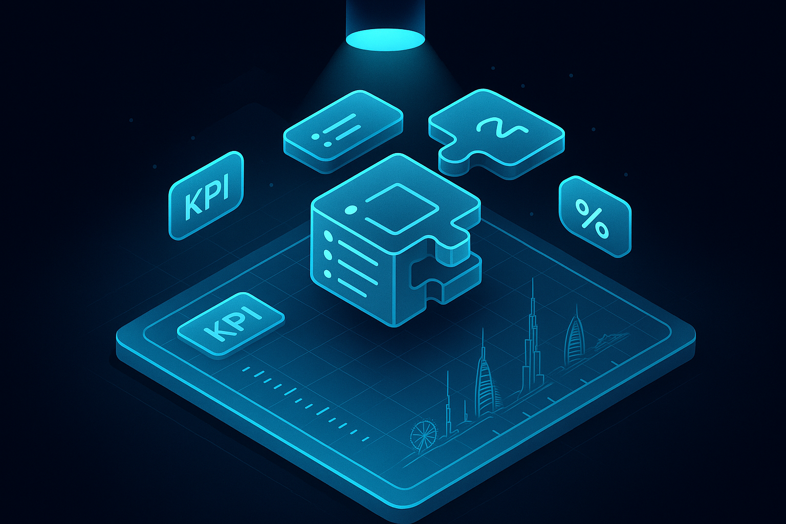 An isometric blueprint table under a soft cyan spotlight, showing modular PWA components snapping together, with a timeline ruler, KPI tags, and Dubai landmarks etched into the glass surface