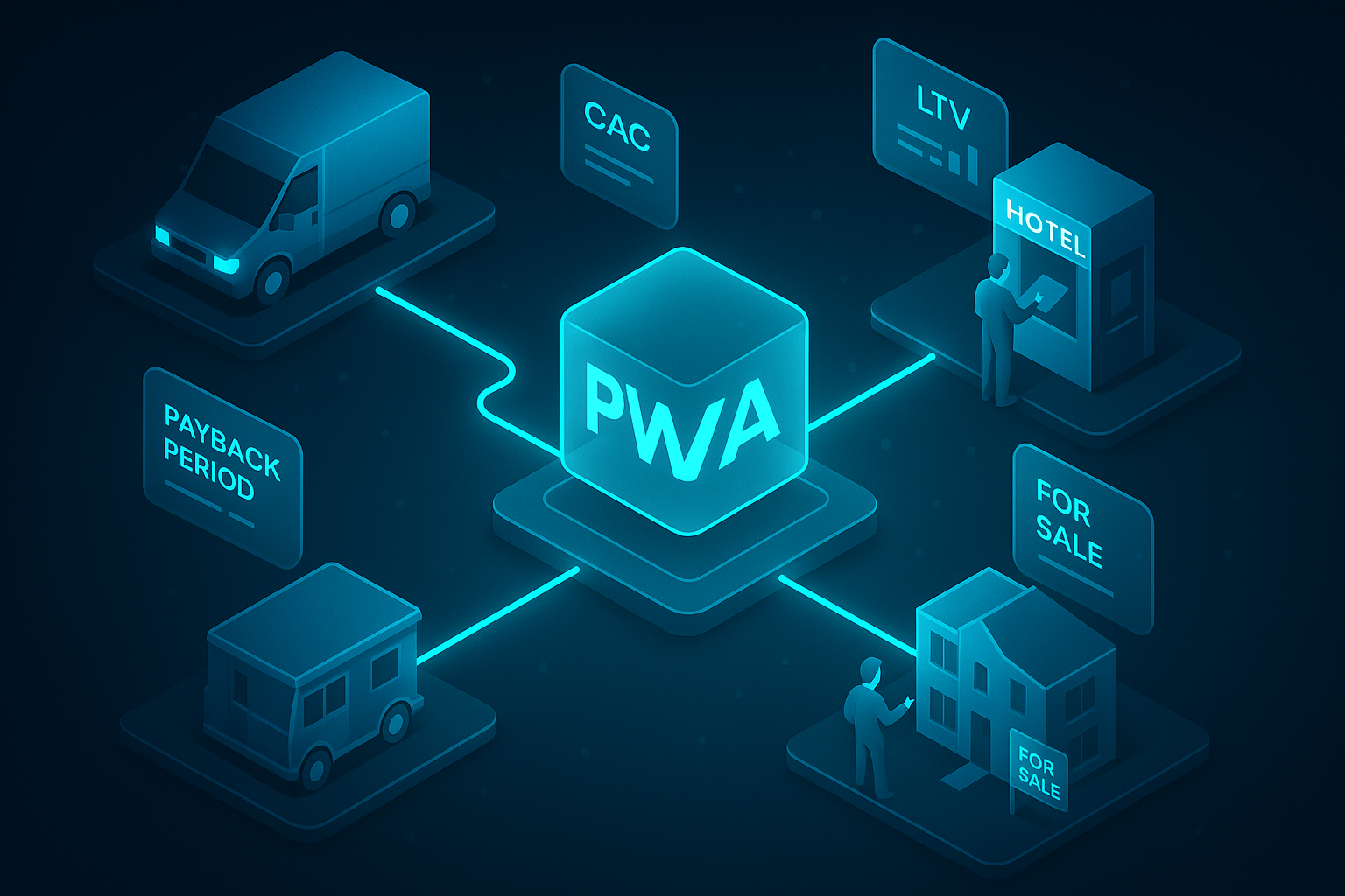 A detailed, futuristic 3D isometric scene of delivery vans, hotel kiosks, and real estate agents orbiting a central PWA icon; cyan #00D4FF data streams connect devices, with glassmorphism panels showing KPIs like CAC, LTV, and Payback Period.
