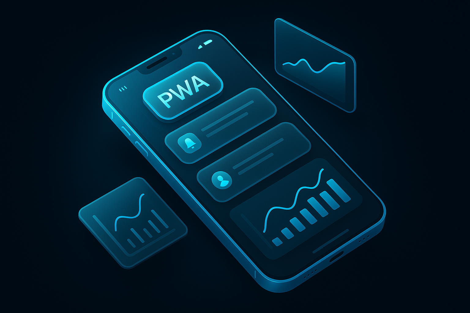 A detailed, futuristic 3D isometric description of a glassy smartphone home screen with an installable PWA badge, cyan glow accents, push notification tiles, and performance graphs floating in a dark mode glassmorphism environment