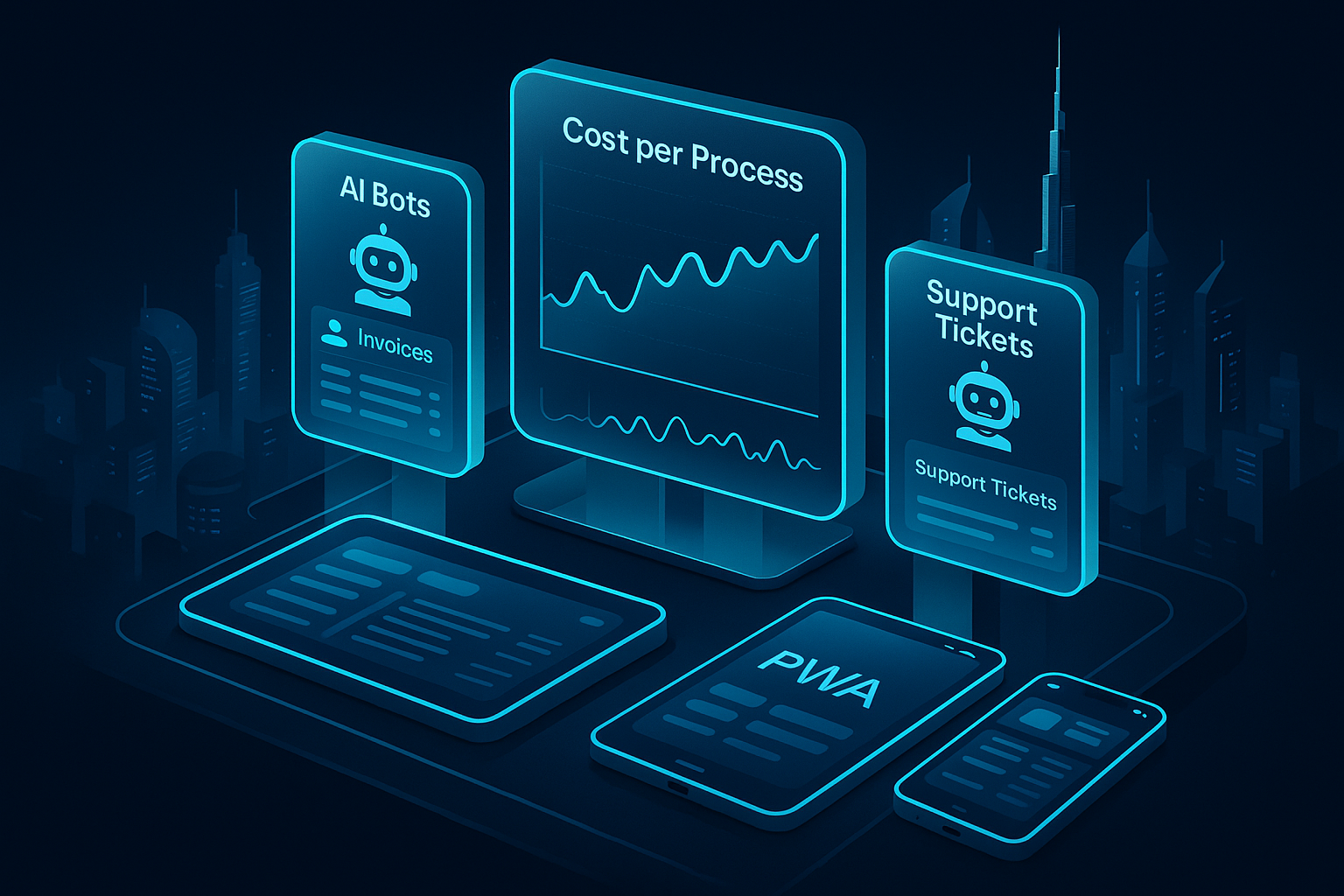 A detailed, futuristic 3D isometric description of a dark mode control center overlooking Dubai skyline, with cyan holographic dashboards showing cost per process, AI bots handling invoices and support tickets, and a PWA interface on tablets and phones