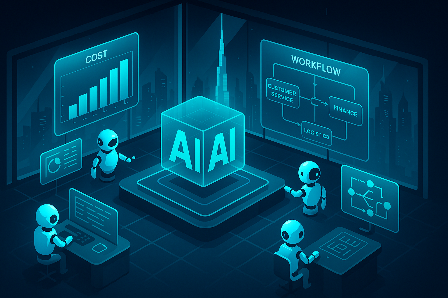 A detailed, futuristic 3D isometric description of an AI control room in dark mode, cyan holographic panels display cost metrics and workflow maps, with robotic assistants routing tasks between customer service, finance, and logistics; Dubai skyline visible through glass walls