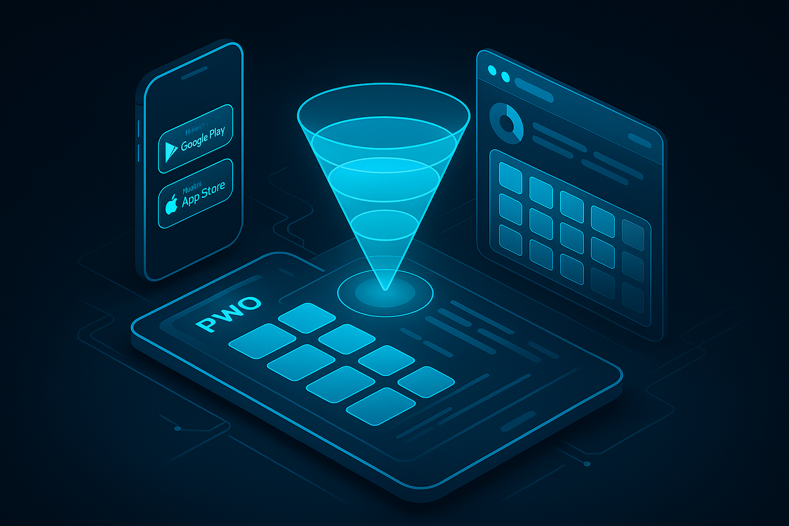 A detailed, futuristic 3D isometric description of a PWA storefront dashboard with glowing cyan tiles, install badges for Google Play and App Store, and a holographic funnel chart floating above a phone and tablet in a dark glass environment