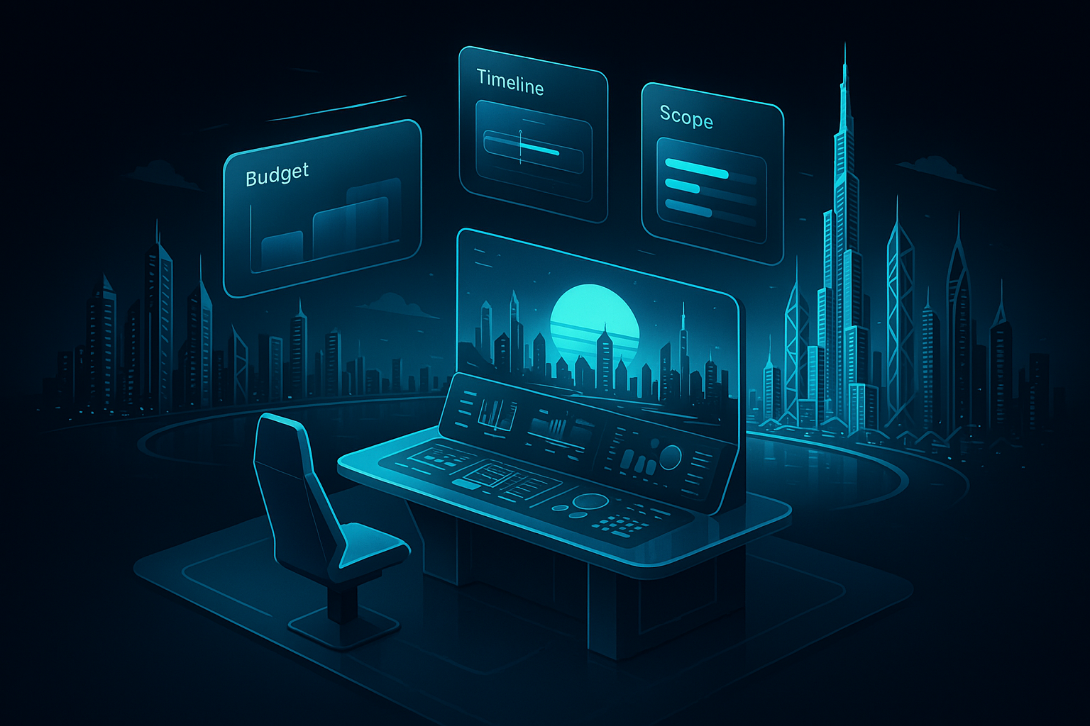 A detailed, futuristic 3D isometric description of a glassmorphism command center overlooking the Dubai Marina skyline at sunrise, with cyan #00D4FF data streams showing budget, timeline, and feature scope cards floating in dark mode UI