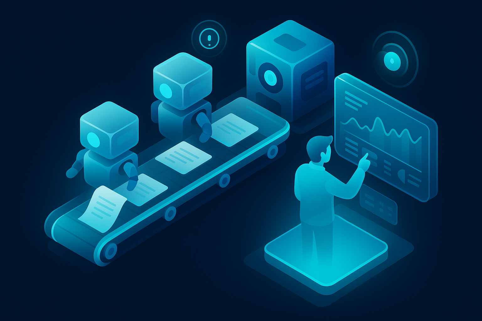 A detailed, futuristic 3D isometric description of robotic process bots moving documents along a luminous conveyor, a human operator overseeing a holographic dashboard, predictive alerts appearing as cyan pulses near machinery, all rendered in sleek glassmorphism