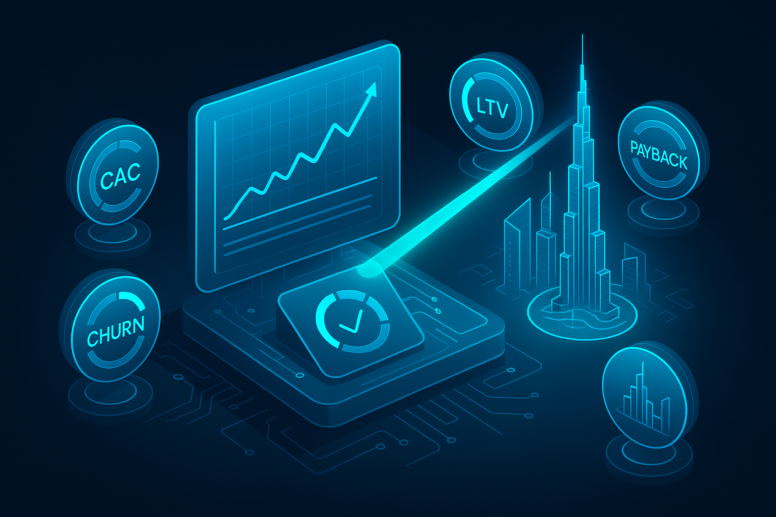 A detailed, futuristic 3D isometric description of an ROI control room with holographic KPI dials for CAC, LTV, churn, and payback. A cyan beam links a glass PWA dashboard to a Dubai skyline, signaling growth outcomes and cost savings.