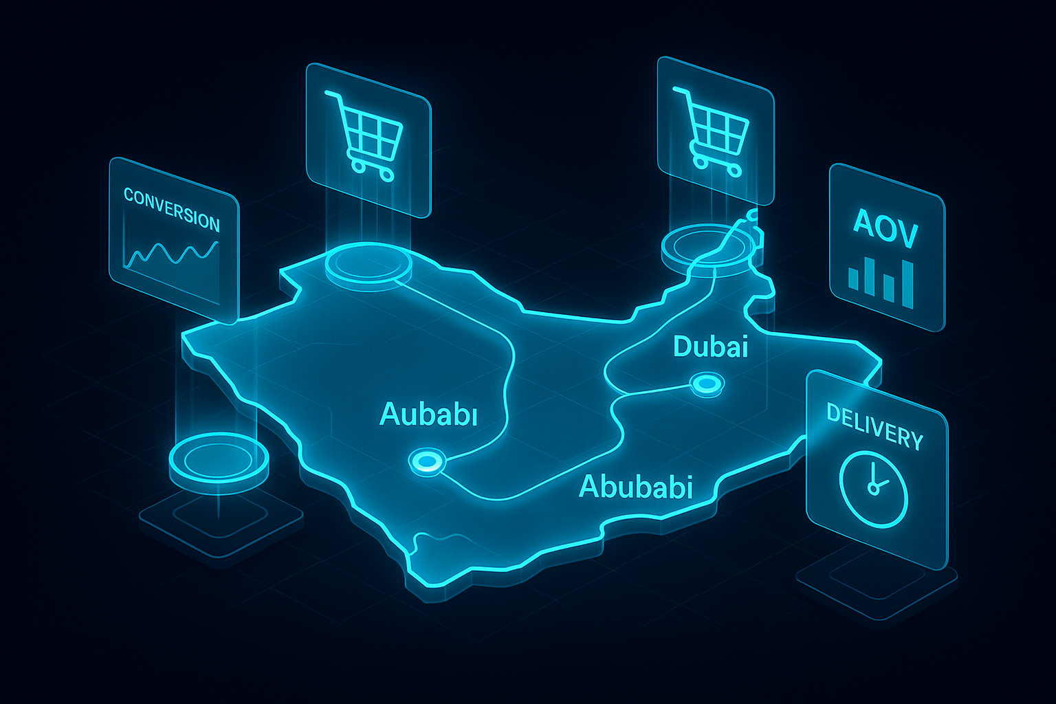 A detailed, futuristic 3D isometric description of a glowing GCC map with Dubai, Abu Dhabi, and Riyadh nodes connected by cyan #00D4FF data streams, holographic shopping carts, and glassmorphism UI panels showing conversion, AOV, and delivery times.