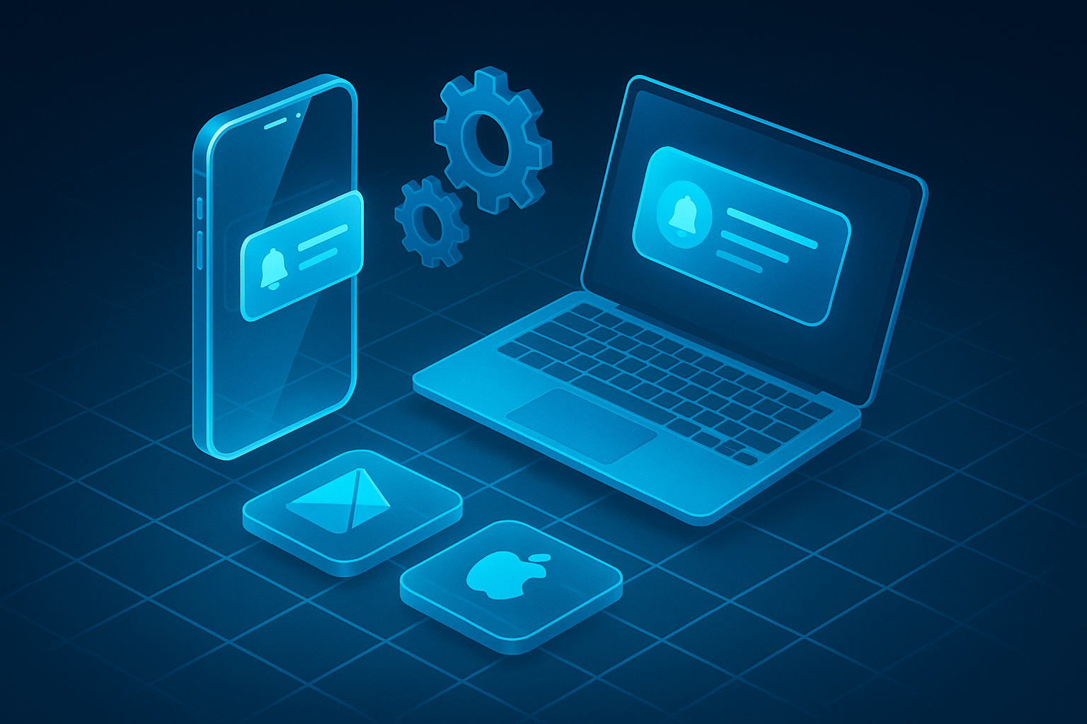 A detailed, futuristic 3D isometric description of a glass smartphone and laptop floating above a neon cyan grid, with install buttons for Google Play and App Store, PWA service workers visualized as translucent gears, and push notifications appearing as luminous cards