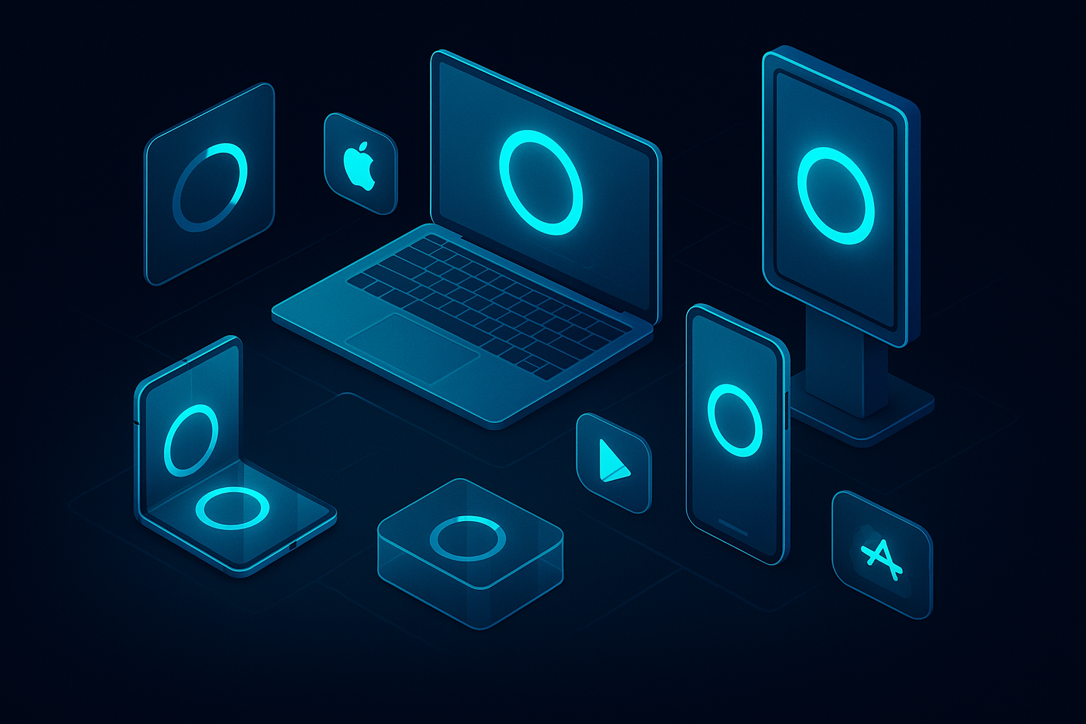 A detailed, futuristic 3D isometric array of devices, from a foldable phone to a laptop and a kiosk, each displaying the same PWA with cyan glow; app store badges float beside them, and install progress rings animate within translucent glass panels