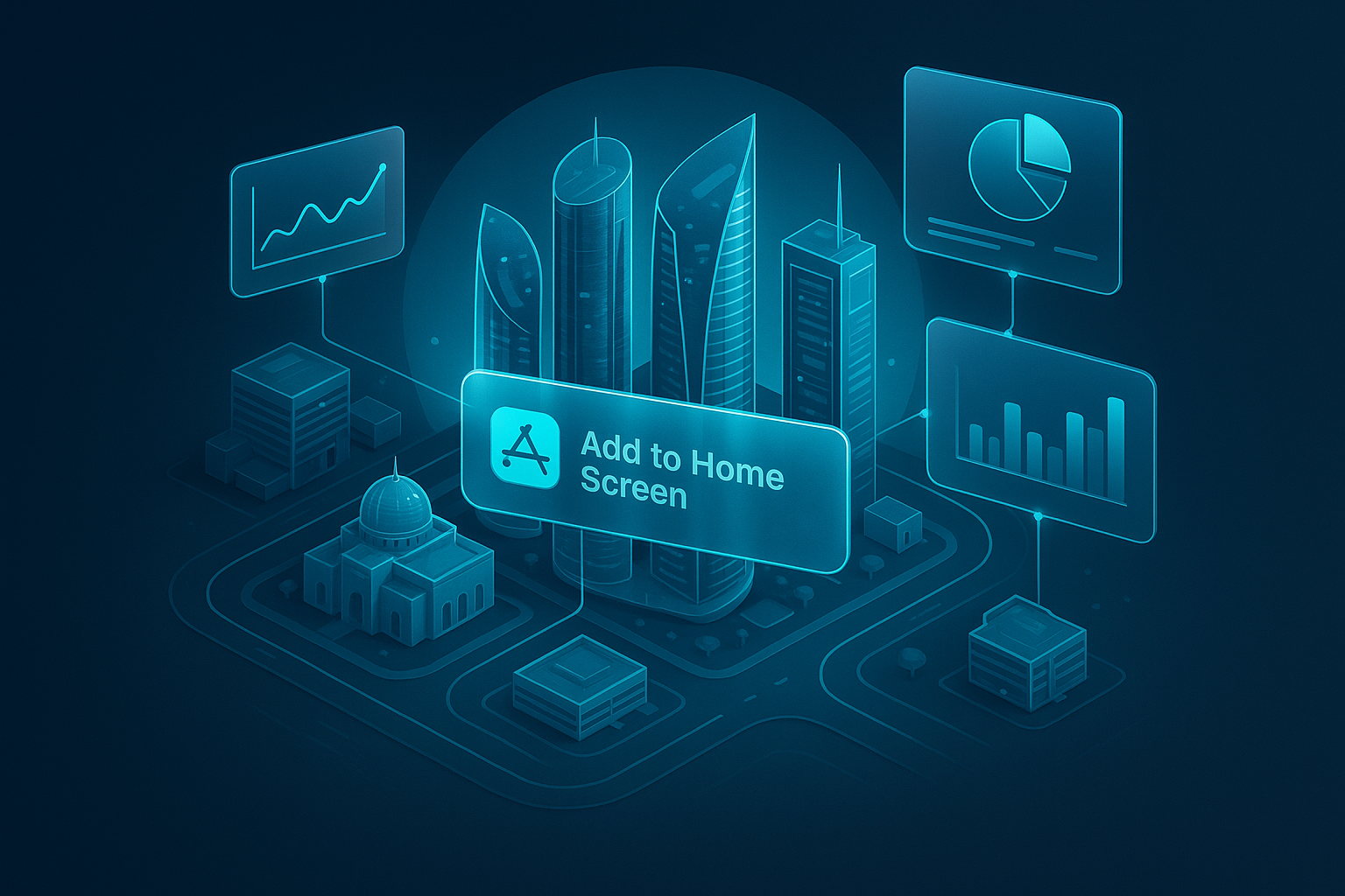 A detailed, futuristic 3D isometric illustration of Abu Dhabi’s skyline at sunrise with translucent glass panels, cyan #00D4FF accents, and floating analytics dashboards that connect to a central PWA install card labeled “Add to Home Screen”, all in premium dark mode