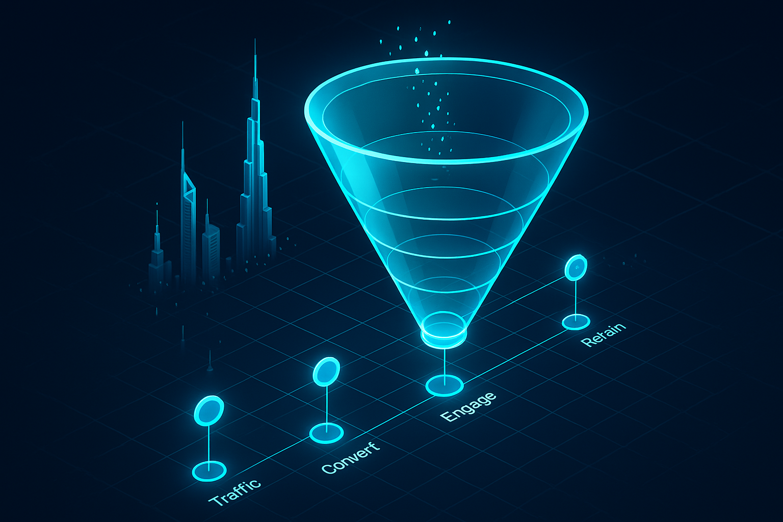 A detailed, futuristic 3D isometric funnel stretching across a dark mode grid, with glowing cyan nodes for Traffic, Engage, Convert, Retain, and Advocate, plus small Dubai skyline elements and data particles flowing upward