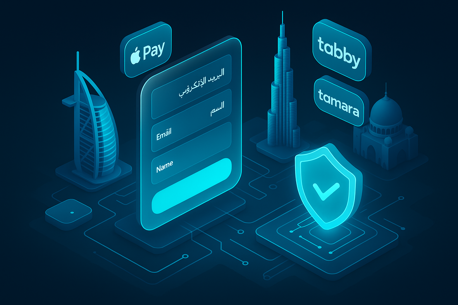 A detailed, futuristic 3D isometric description of a dual language PWA checkout in Arabic and English, floating payment tokens for Apple Pay, Tabby, and Tamara, with UAE landmarks and a secure shield glowing cyan