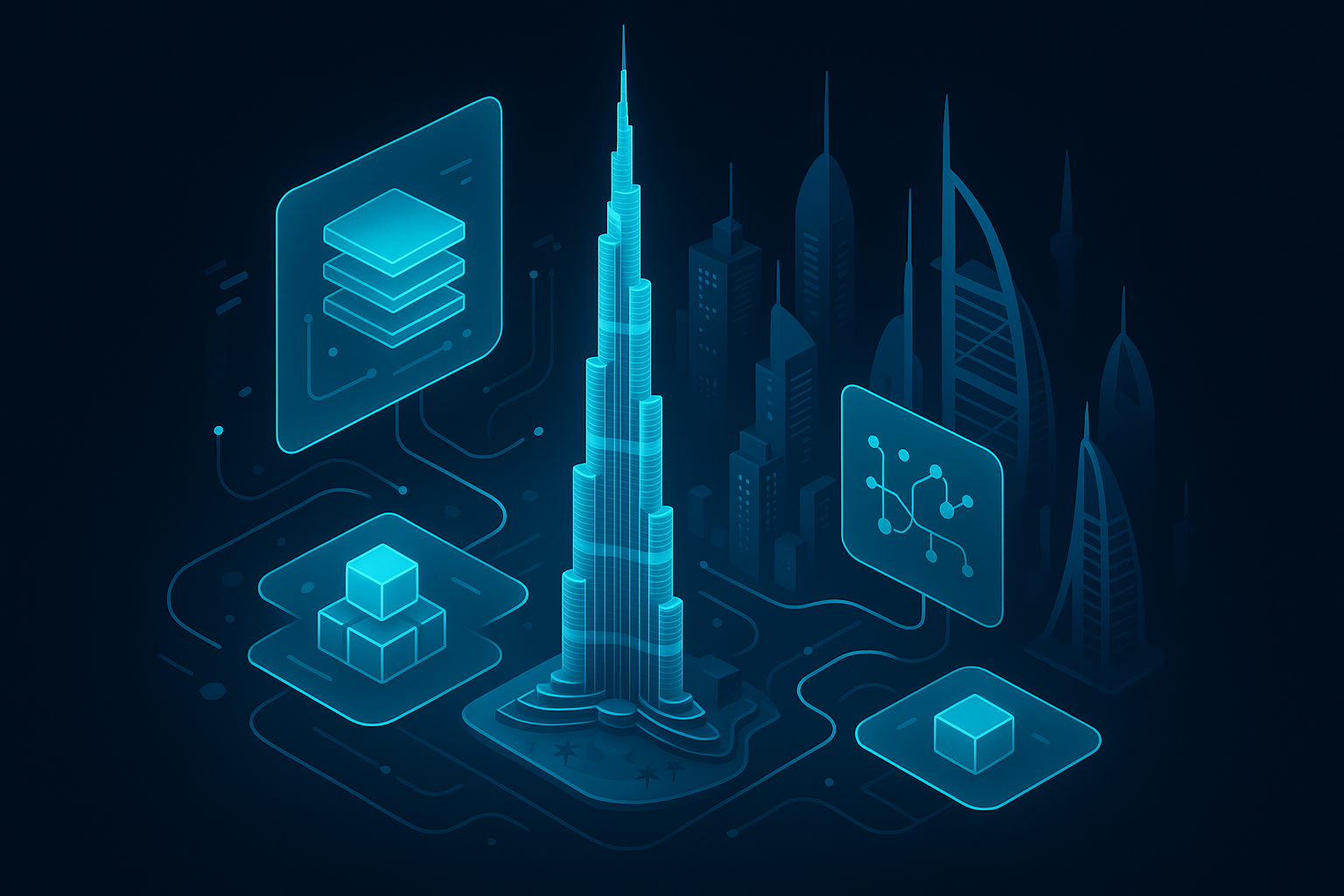 A detailed, futuristic 3D isometric description of a Dubai skyline with cyan #00D4FF holograms showing layered app architecture, data flows, and budget blocks floating in glassmorphism tiles