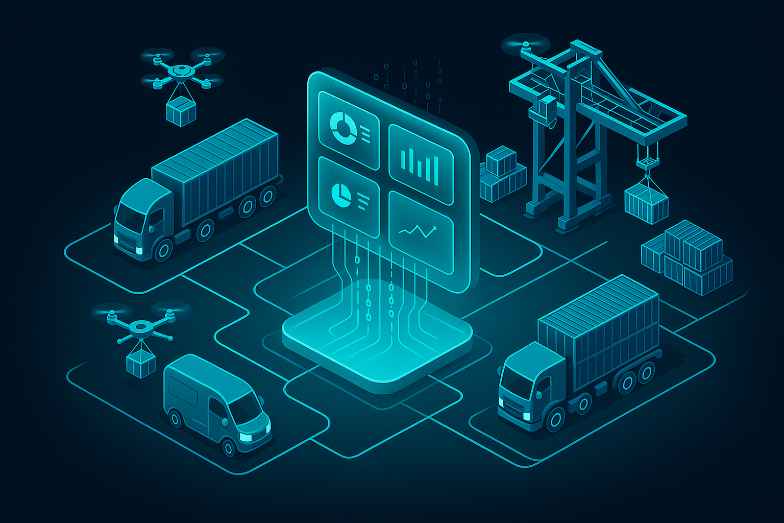 A detailed, futuristic 3D isometric description of a logistics hub with autonomous vehicles, cranes, and drones, all connected by cyan #00D4FF data lines to a glassmorphism command center that displays KPI tiles