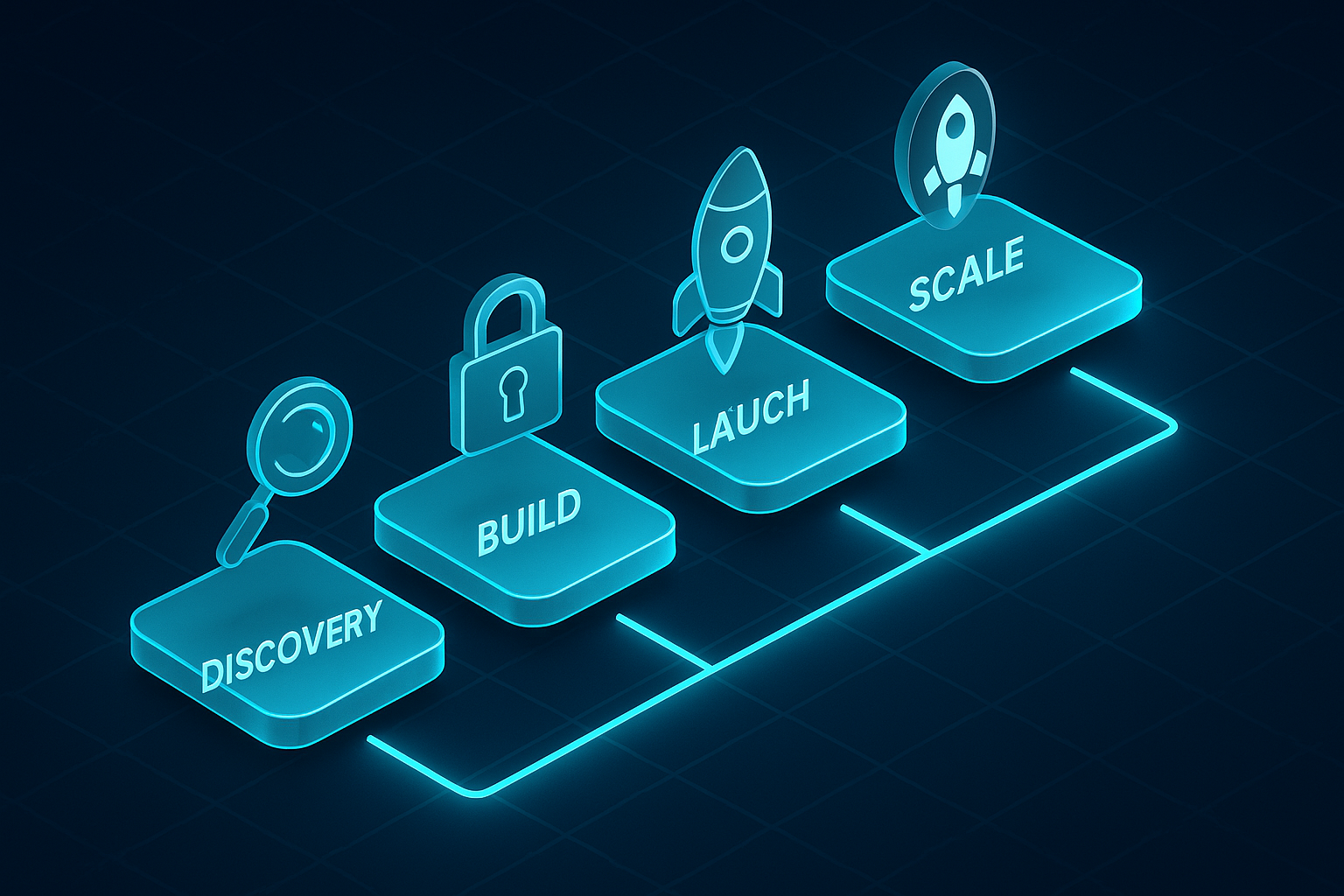 A detailed, futuristic 3D isometric description of a 90 day delivery roadmap as glowing cyan #00D4FF steps floating above a dark grid, each step labeled Discovery, Build, Launch, Scale, with icons for analytics, security, and PWA install badges
