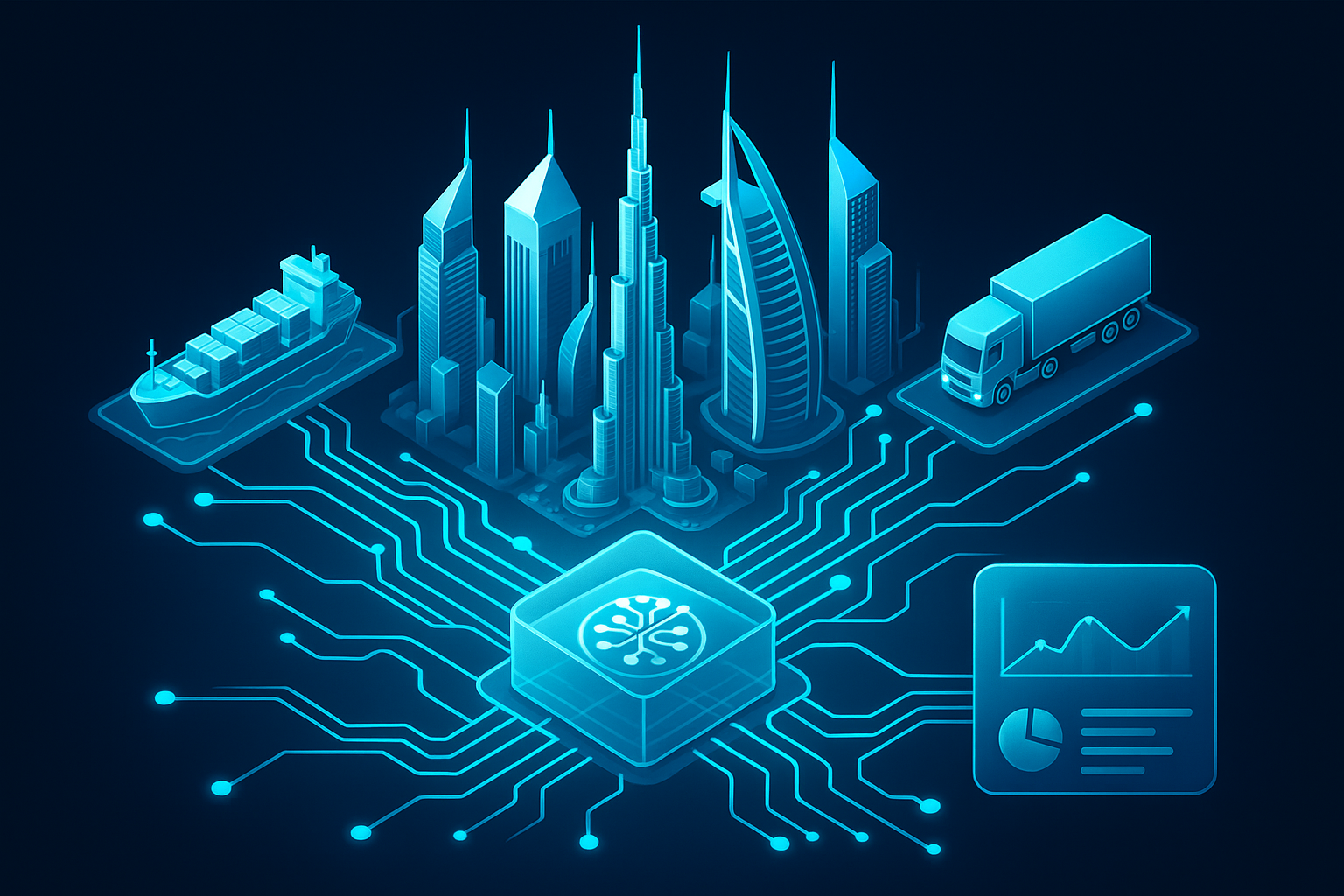 A detailed, futuristic 3D isometric description of the Dubai skyline connected by glowing cyan #00D4FF neural circuits, with cargo ships, autonomous trucks, and a finance dashboard all linked to an AI core in glassmorphism style