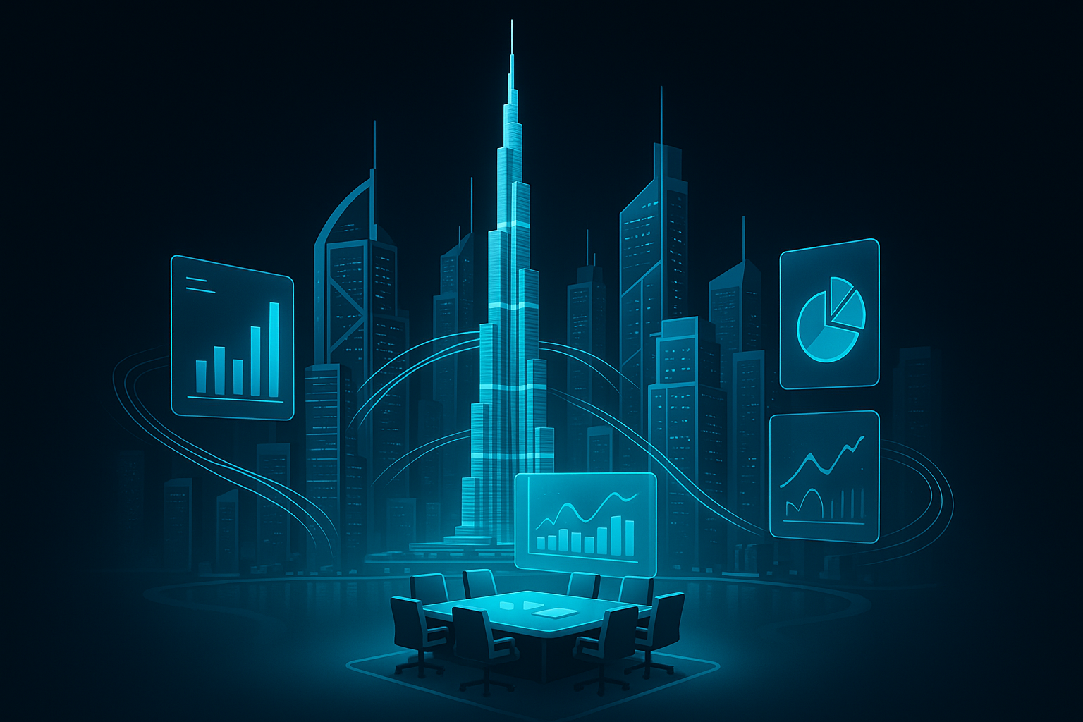 A detailed, futuristic 3D isometric description of a cyan lit Dubai skyline at dawn, with translucent glass panels visualizing KPIs, data streams flowing between towers, and a holographic dashboard hovering above a boardroom table