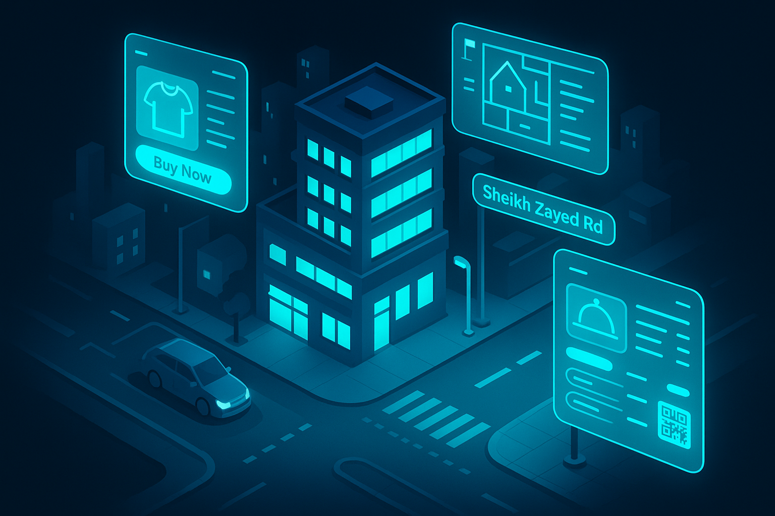A detailed, futuristic 3D isometric street scene along Sheikh Zayed Road, floating glass UI panels show a retail PWA with fast checkout, a real estate PWA with offline maps, and a restaurant PWA with QR ordering, all glowing cyan
