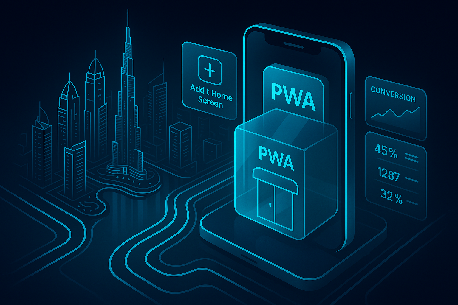 A detailed, futuristic 3D isometric view of Dubai Marina at night with cyan #00D4FF neon lines flowing into a glassy PWA storefront on a phone, holographic add to home screen prompt hovering, and real time conversion metrics projected in translucent panels