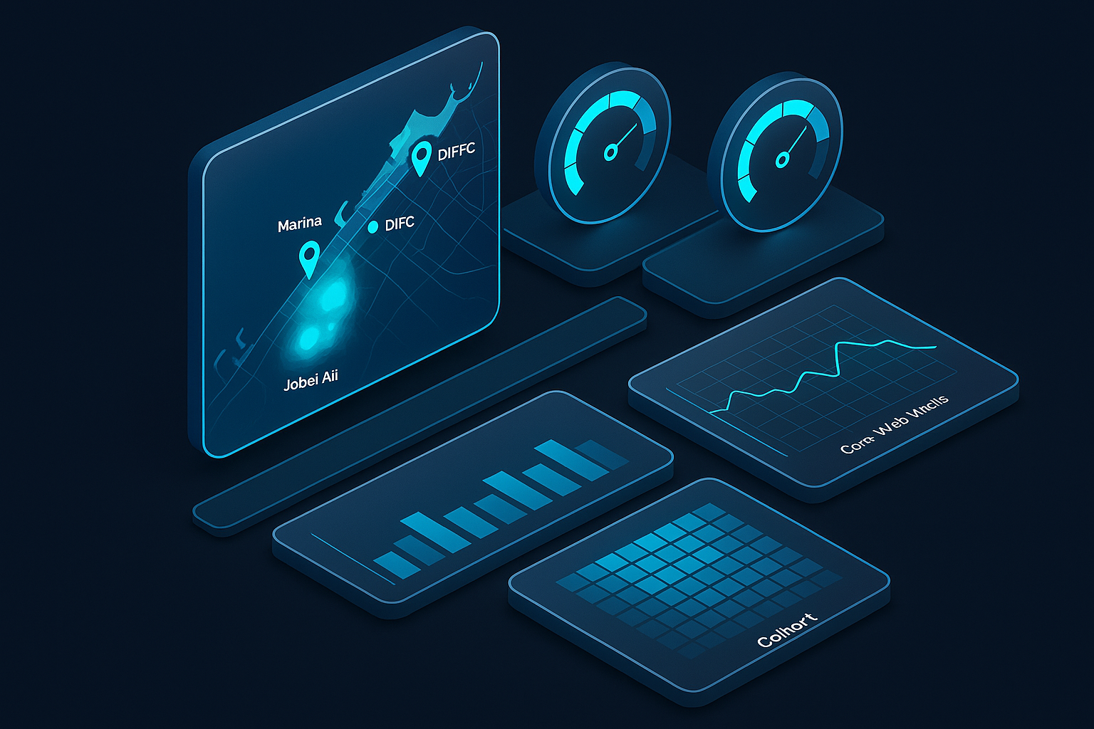 A detailed, futuristic 3D isometric description of a glassmorphic analytics command center showing ROI gauges, cohort charts, Core Web Vitals, and a cyan heatmap over a map of Dubai with markers for Marina, DIFC, and Jebel Ali