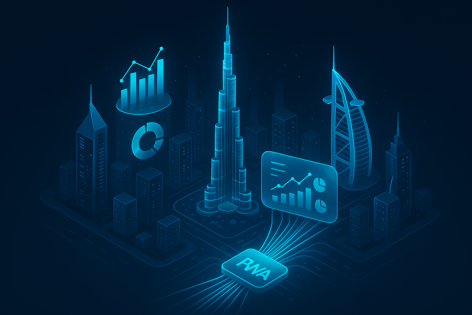 A detailed, futuristic 3D isometric description of a night time Dubai skyline with cyan holographic charts rising from towers, a glassmorphism analytics HUD hovering over Sheikh Zayed Road, and data flows visualized as light streams converging on a central PWA icon
