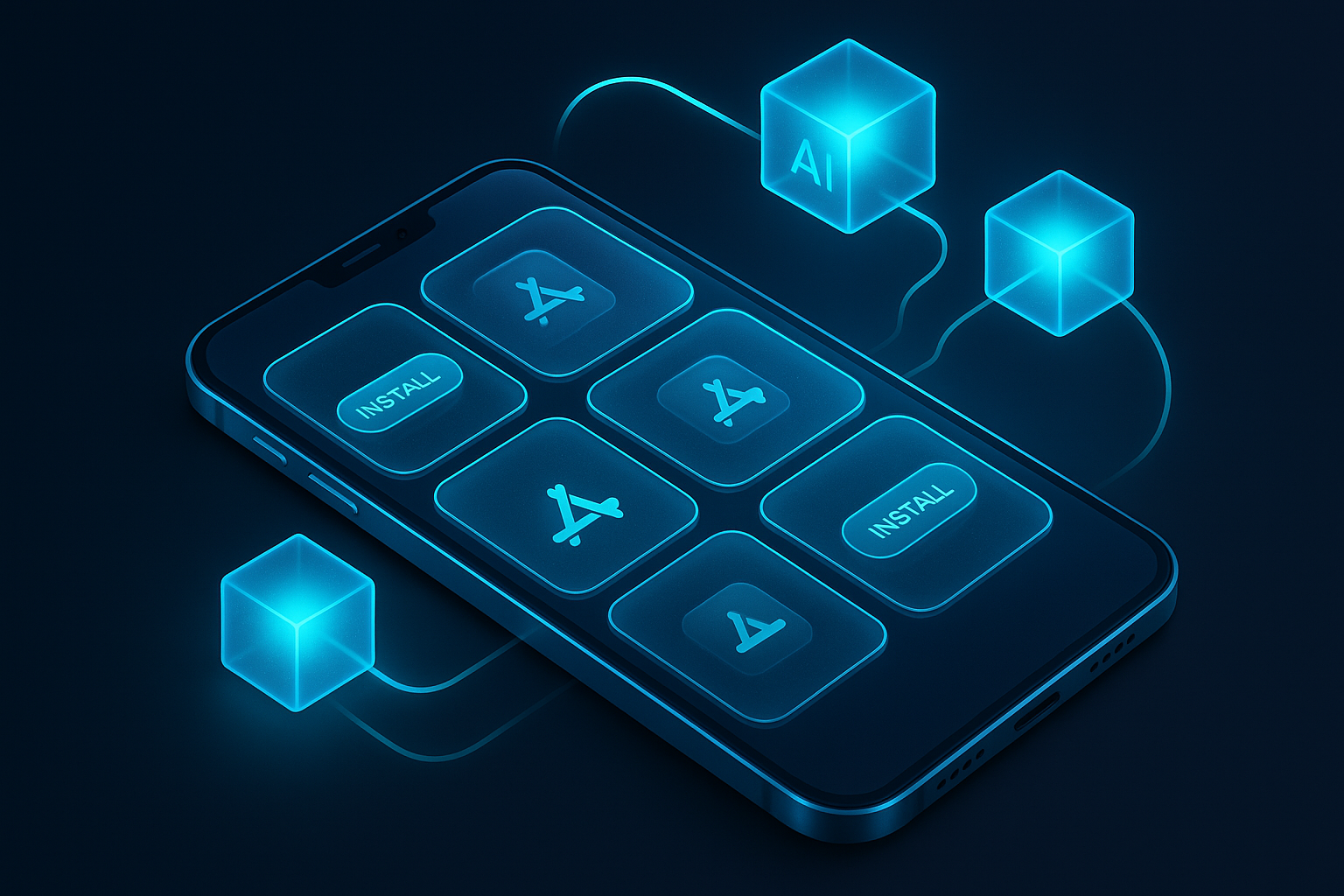 A detailed, futuristic 3D isometric description of a glassy smartphone grid with cyan PWA install buttons, app store badges, and AI microservices as glowing cubes connected by fiber like lines, all in dark mode
