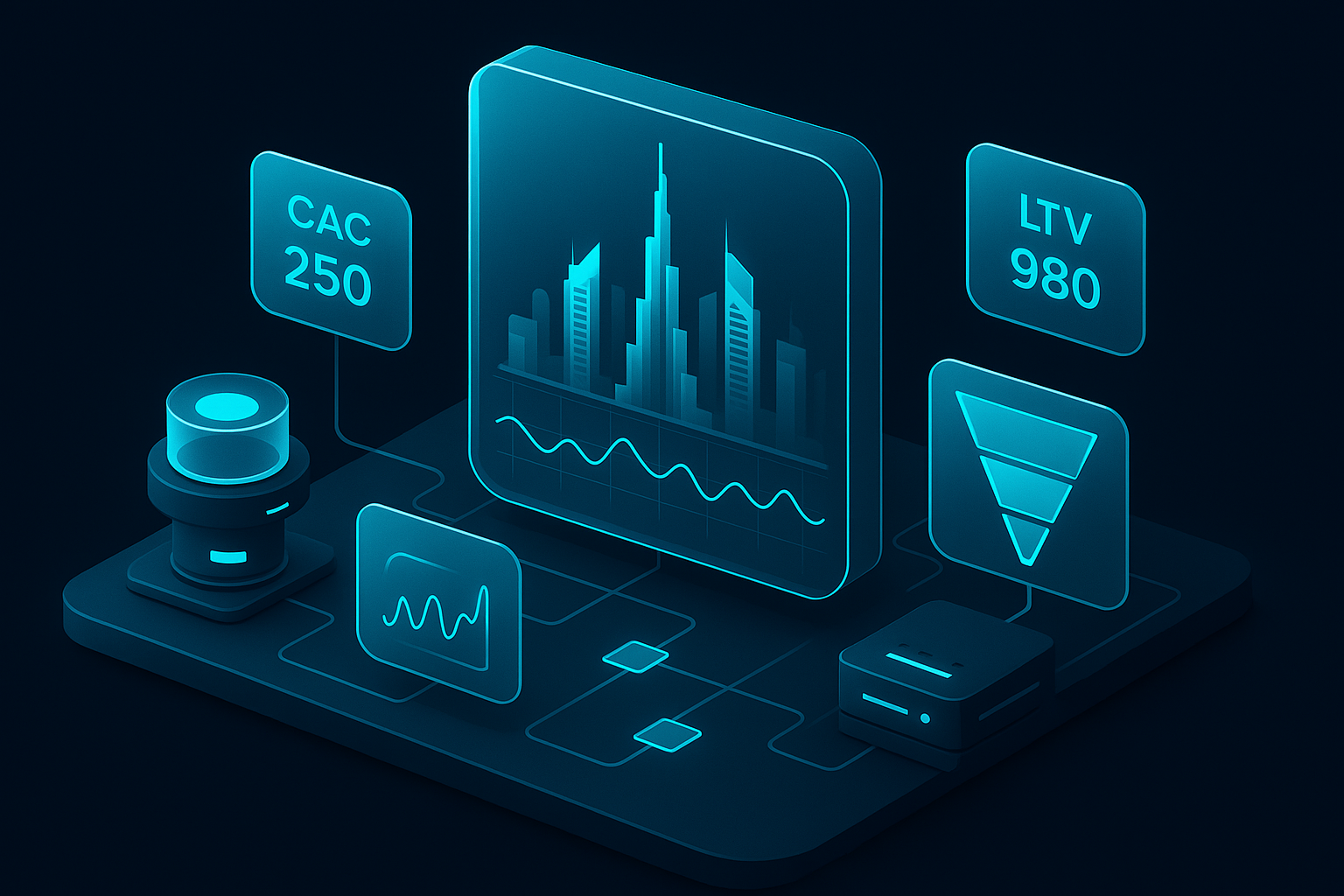 A detailed, futuristic 3D isometric description of a command center dashboard visualizing Dubai wide app metrics in cyan, with floating KPIs for CAC, LTV, conversion funnels, and serverless nodes, all in glassmorphism panels
