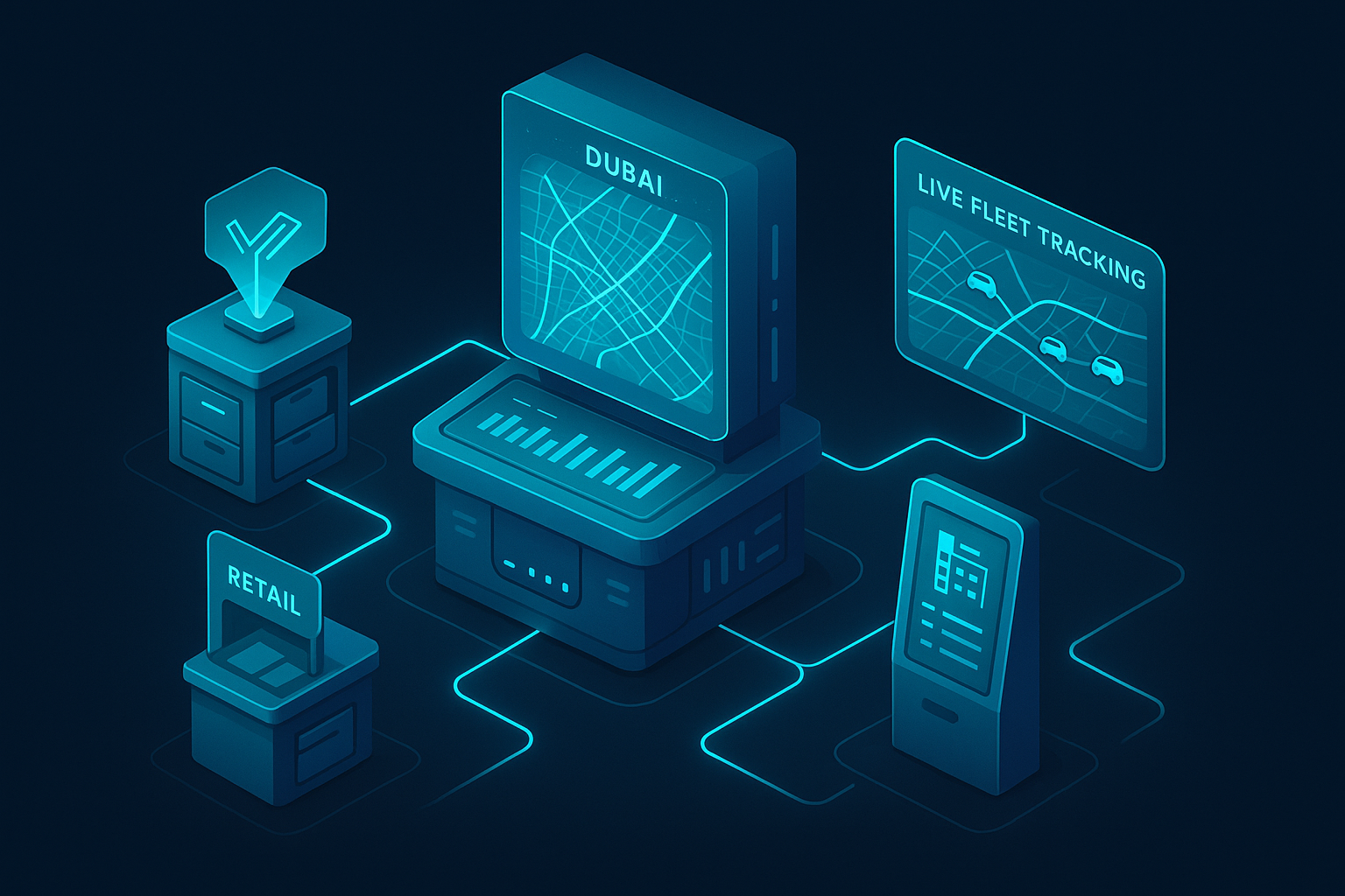 A detailed, futuristic 3D isometric description of a command center with holographic maps of Dubai roads, live fleet tracking, retail pickup counters, and hotel booking kiosks, all connected by glowing cyan lines with glass panels showing KPIs