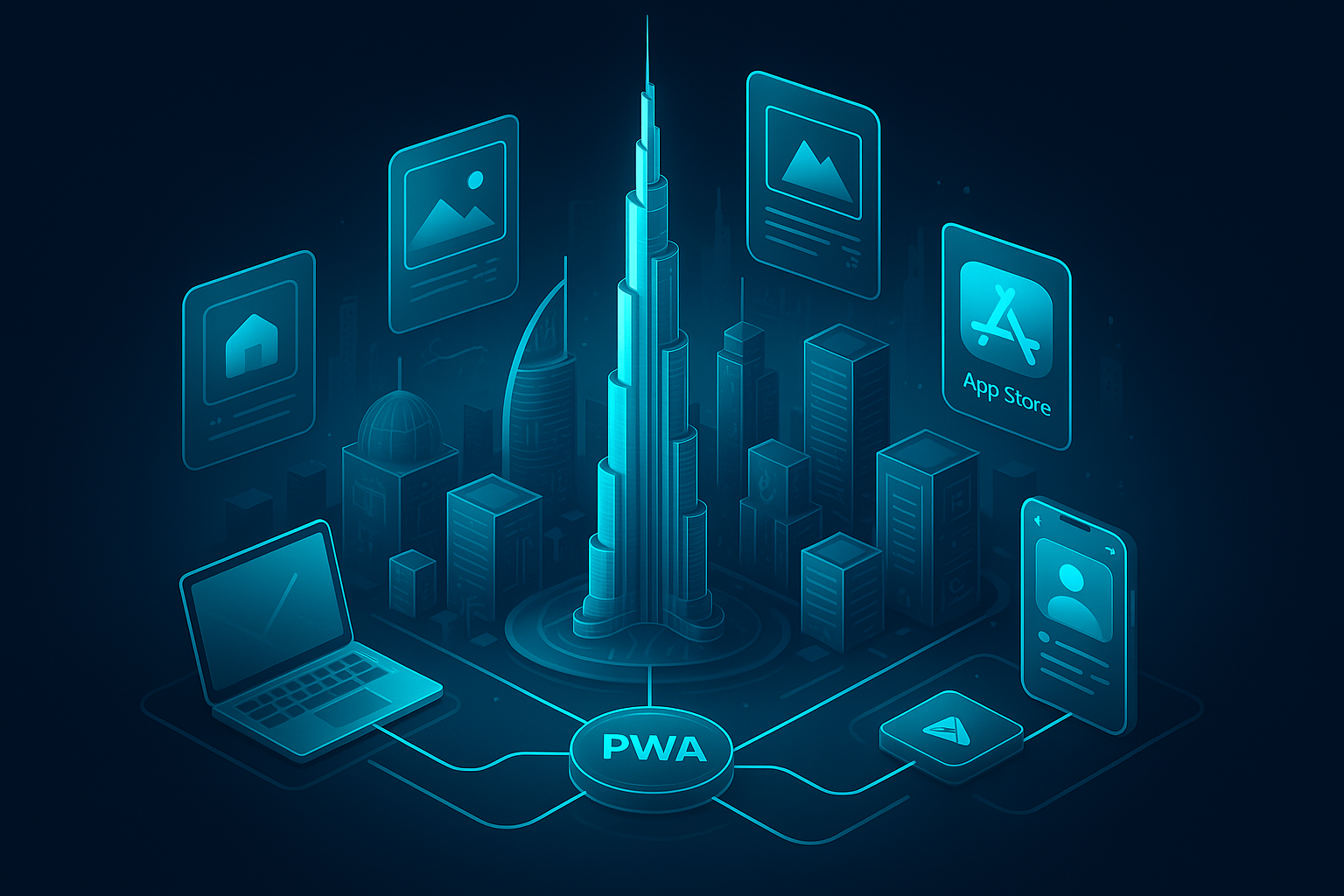 A detailed, futuristic 3D isometric description of a glassy Dubai skyline at dawn with holographic app windows floating above, cyan #00D4FF data streams linking a single PWA core to multiple devices and app stores, rendered in dark mode with glassmorphism panels and subtle Arabic typography accents.