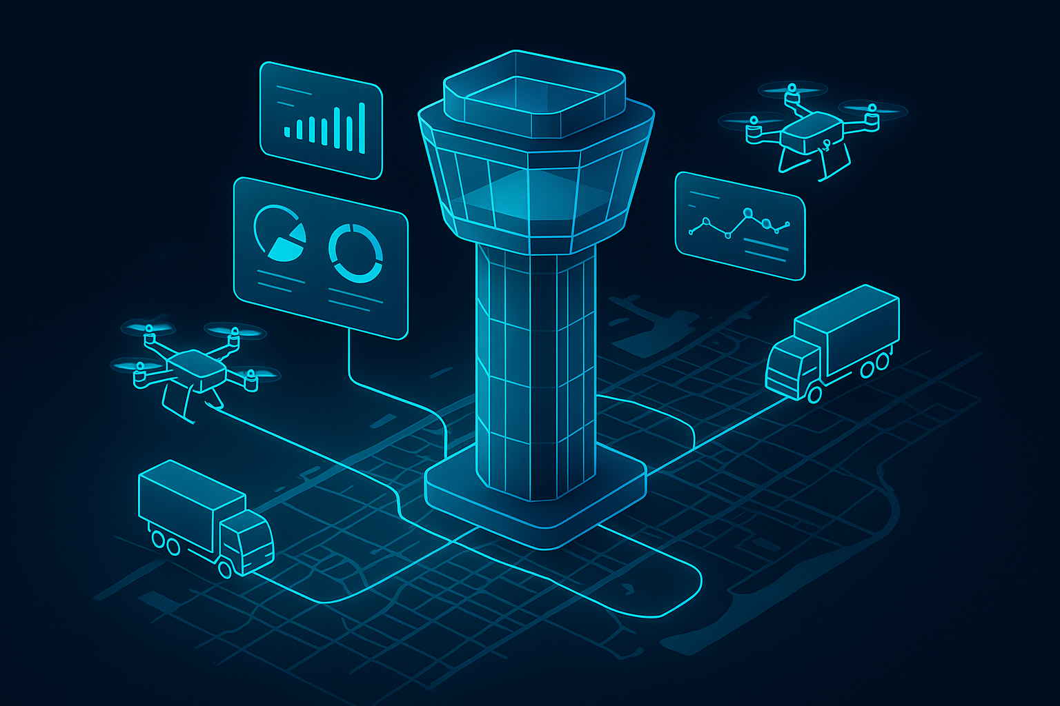 A detailed, futuristic 3D isometric description of a logistics control tower with transparent glass panels, drones and trucks as neon outlines, dashboards floating above a stylized Dubai map, cyan #00D4FF data streams linking sites