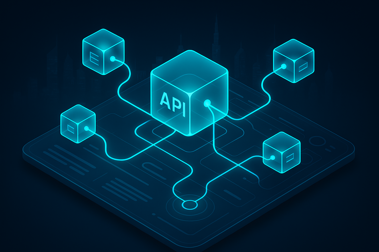A detailed, futuristic 3D isometric diagram of API nodes and data streams connecting microservices, overlaid on a dark mode glassmorphic dashboard with neon cyan links and a subtle Dubai skyline in the background
