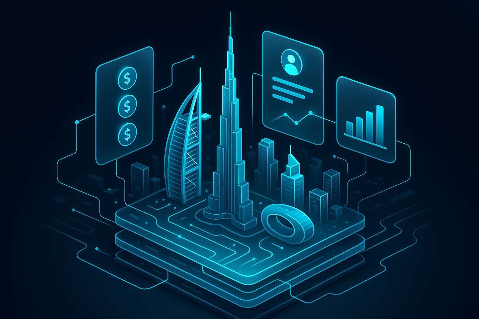 A detailed, futuristic 3D isometric description of a glassy Dubai skyline fused with holographic app screens, floating cost nodes, and cyan data flows that connect architecture layers such as frontend, API, payments, and analytics. Dark mode glassmorphism with subtle neon highlights.