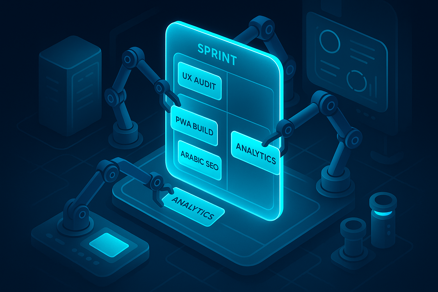 A detailed, futuristic 3D isometric description of a sprint roadmap board under a cyan #00D4FF glow, with cards labeled UX audit, PWA build, Arabic SEO, analytics, and checkout, moved by robotic arms in a glassmorphic control room.