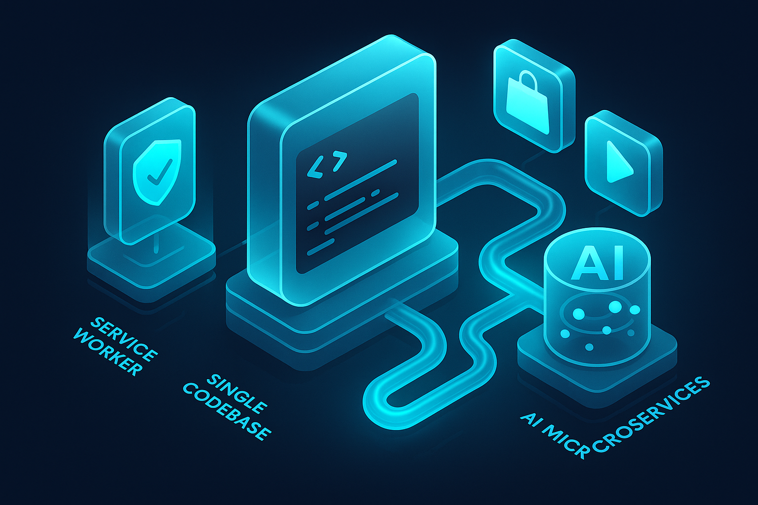 A detailed, futuristic 3D isometric breakdown of a PWA architecture with glowing cyan #00D4FF service workers, app store icons floating beside a single codebase, and AI microservices streaming data through translucent pipelines.