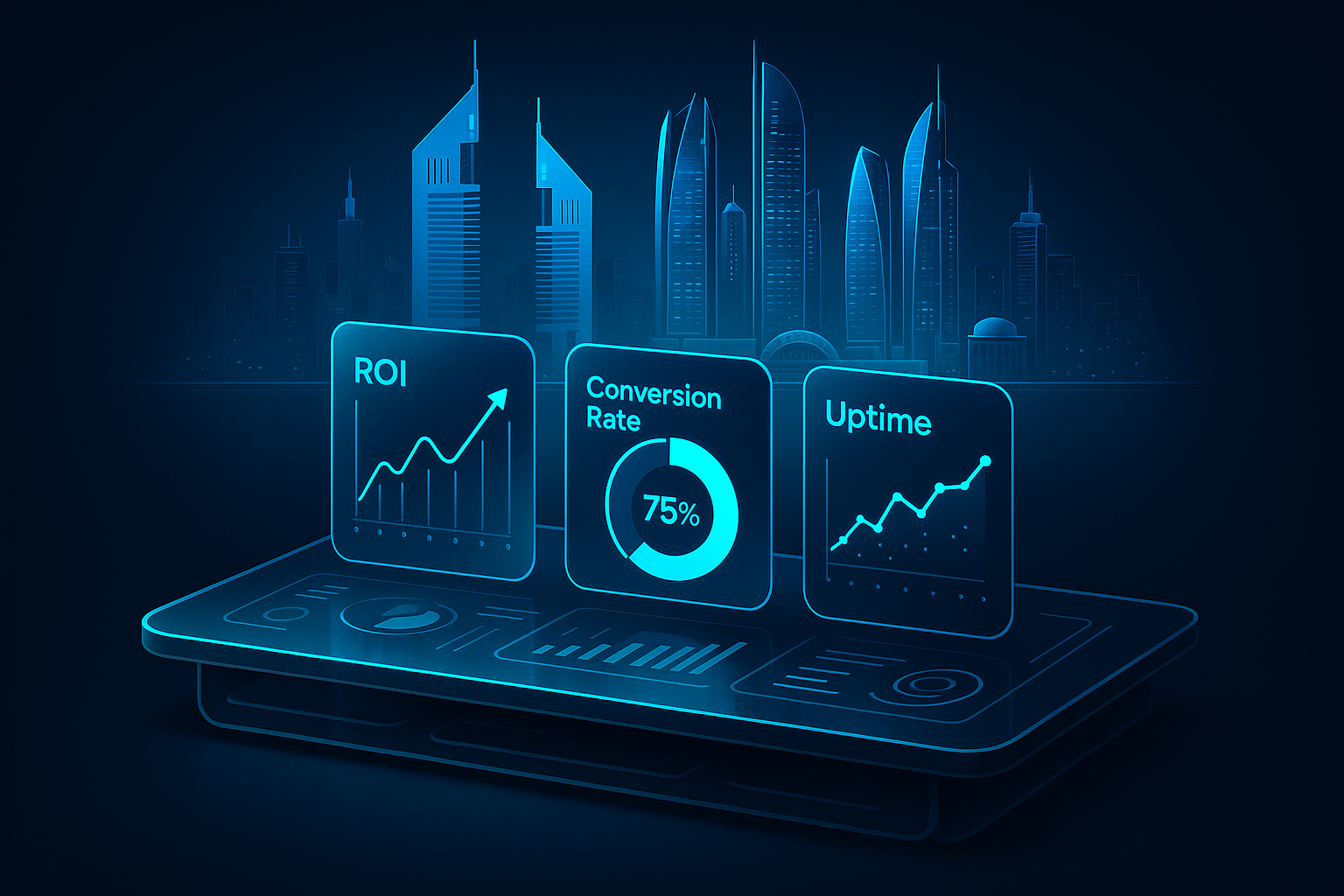 A detailed, futuristic 3D isometric description of an Abu Dhabi skyline at dawn reflected in a glass desk, with holographic dashboards showing ROI, conversion rates, and uptime, all glowing in cyan #00D4FF on a dark mode glassmorphism interface