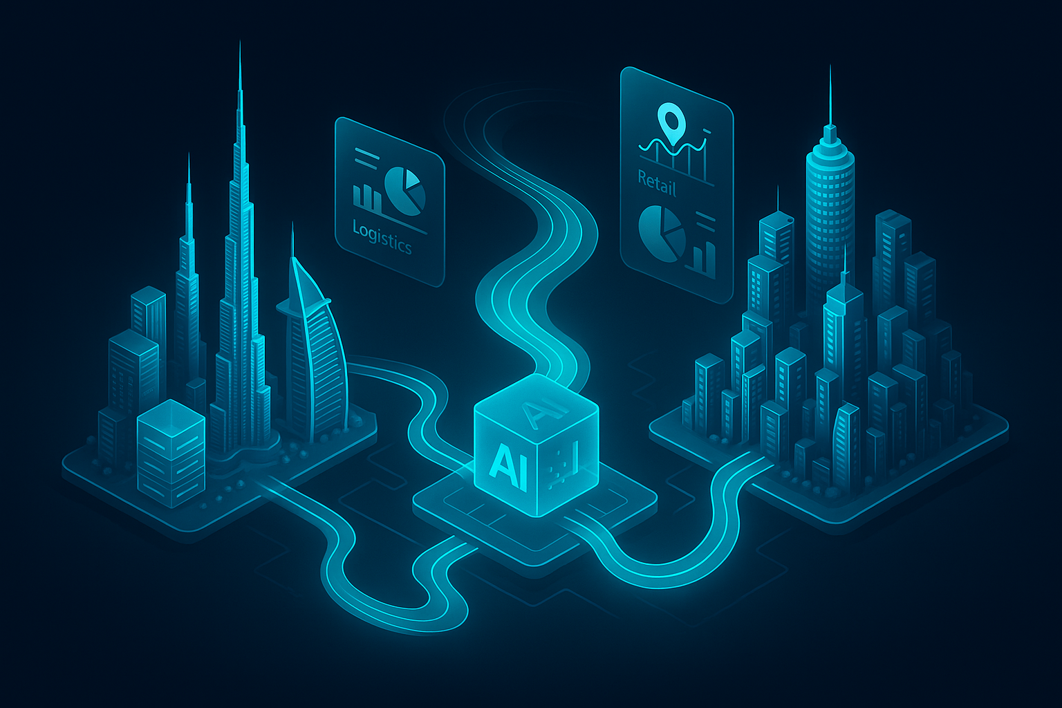 A detailed, futuristic 3D isometric description of Dubai and Abu Dhabi skylines connected by cyan #00D4FF data streams, translucent servers in glassmorphism style, and AI nodes analyzing logistics and retail metrics on floating dashboards
